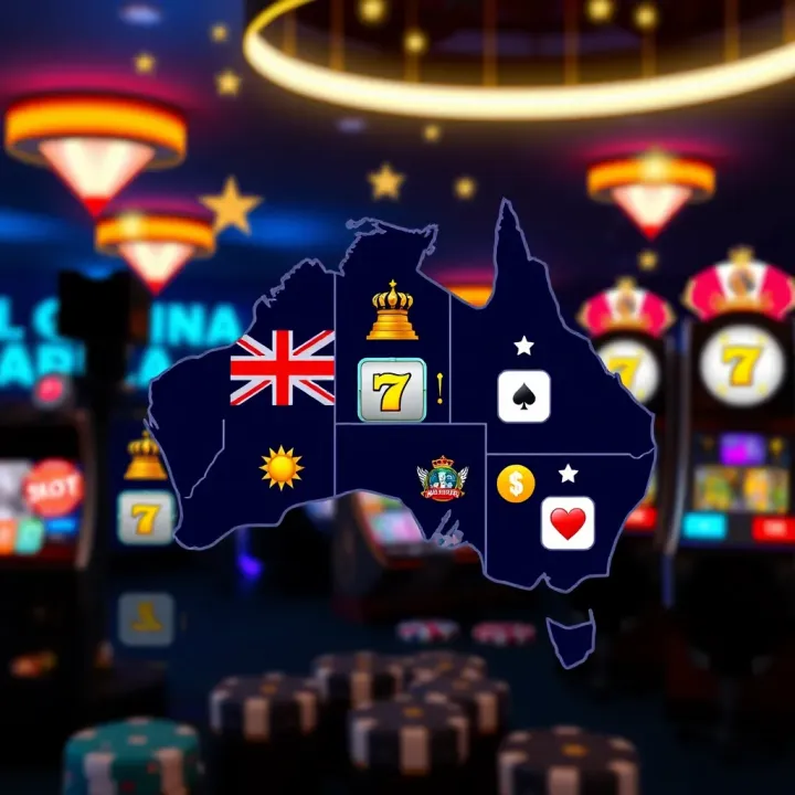 Graphic showing Australian map with digital slot machine icons and legal symbols