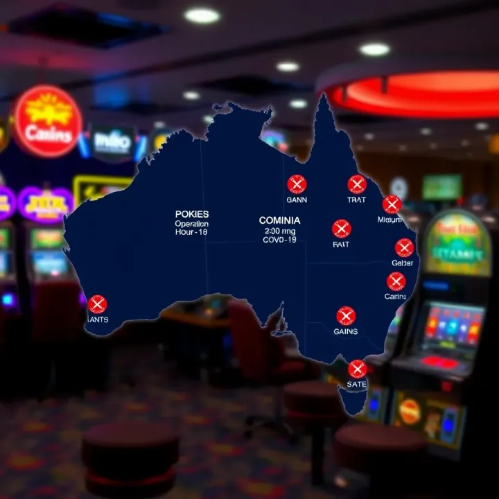 Map of Australia highlighting different states with icons representing pokies operation hours and COVID-19 restrictions