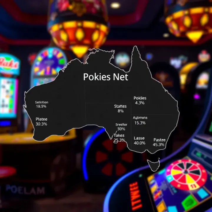 Map of Australia highlighting different states with varying pokies net percentages and regulations