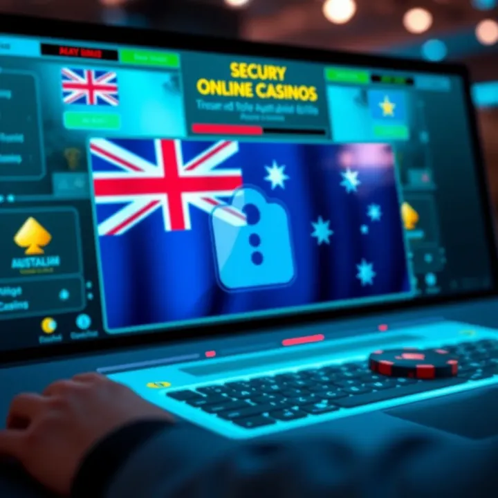 Secure online casino platform with digital safety icons and Australian flag overlay