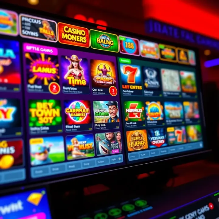 Colorful digital casino interface showing various slot games and betting options