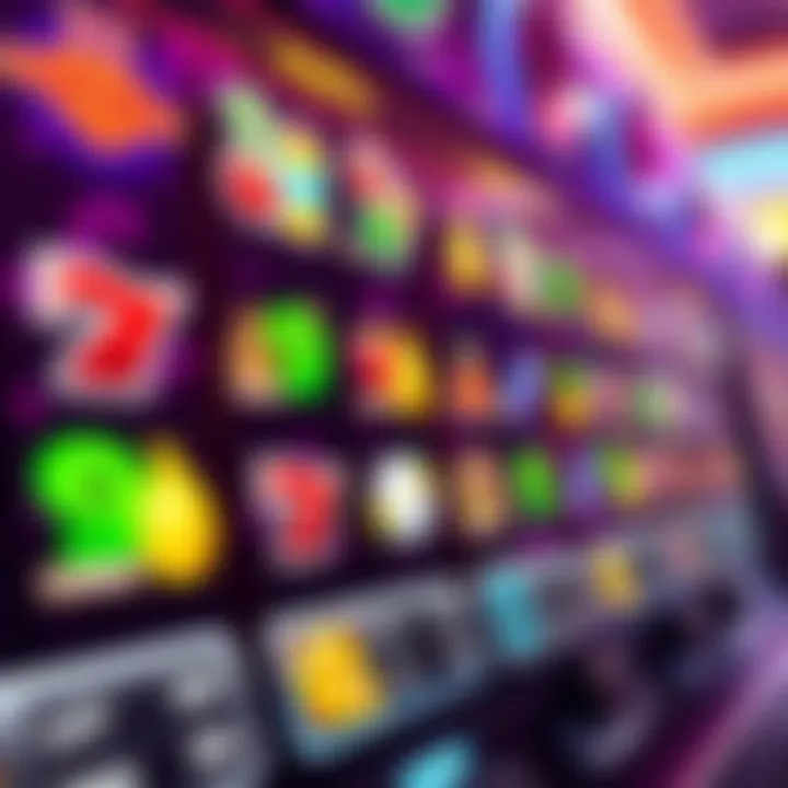 Colorful online pokies interface showing vibrant reels with symbols like fruits and lucky sevens