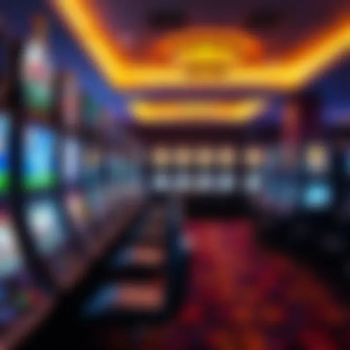 Casino floor with various electronic gaming machines arranged in rows