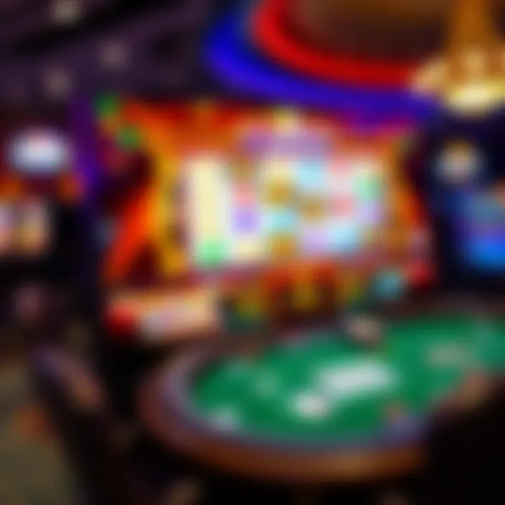 Colorful online casino game interface showing various slot options and poker table on screen