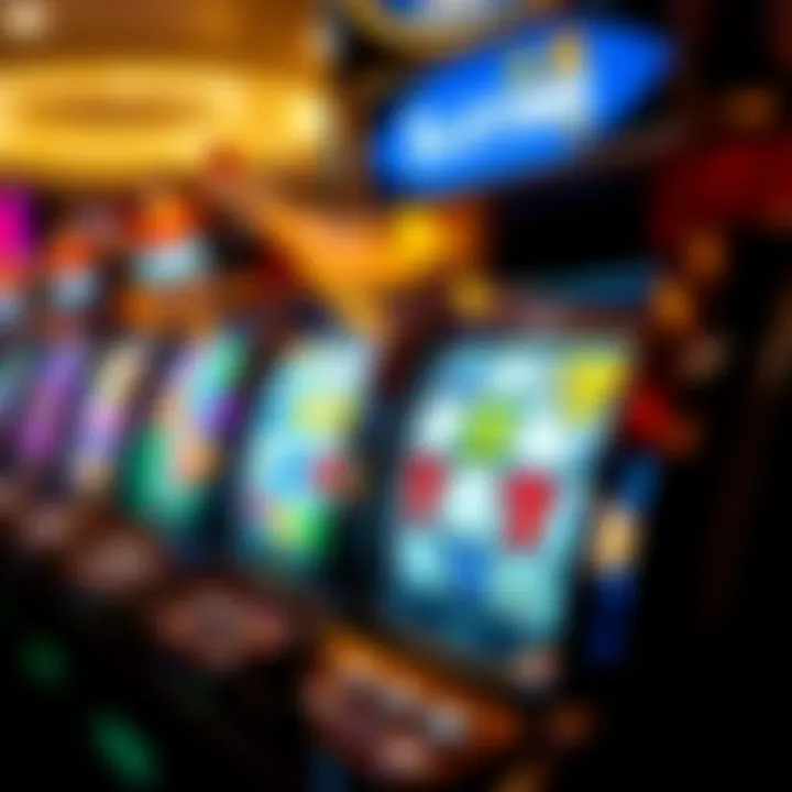 Colorful slot machine reels displaying various symbols and potential winning combinations in a casino setting