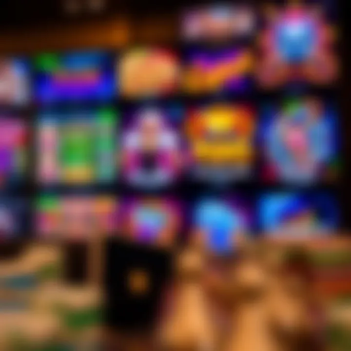 Diverse Selection of Casino Games Available at Ricky Casino Colorful assortment of casino games including slots and table games displayed on a digital screen