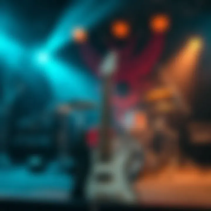 Close-up of electric guitar and drum set on stage ready for a heavy metal band