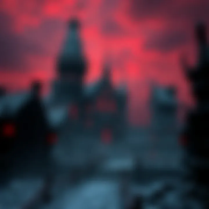 Dark twisted world of Hellspin showcasing its eerie gothic architecture under a blood-red sky