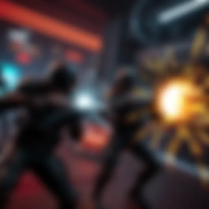 Futuristic combat scene with dynamic energy weapons and dark atmospheric background