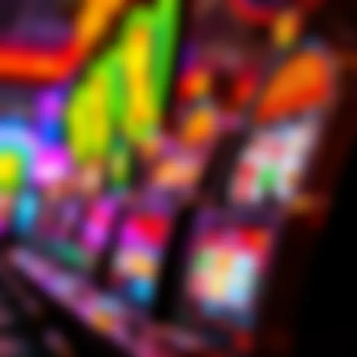 Colorful slot machine reels displaying various symbols under vibrant casino lighting