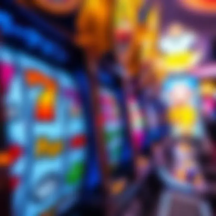 Close-up of a slot machine reels displaying various symbols in a casino environment