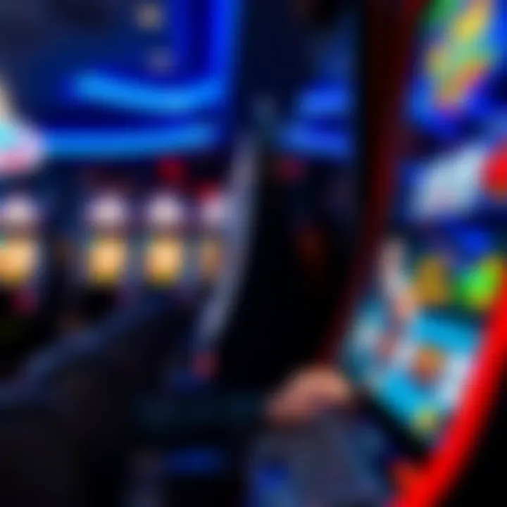 User interacting with a pokies machine featuring buttons and digital screen in a casino setting