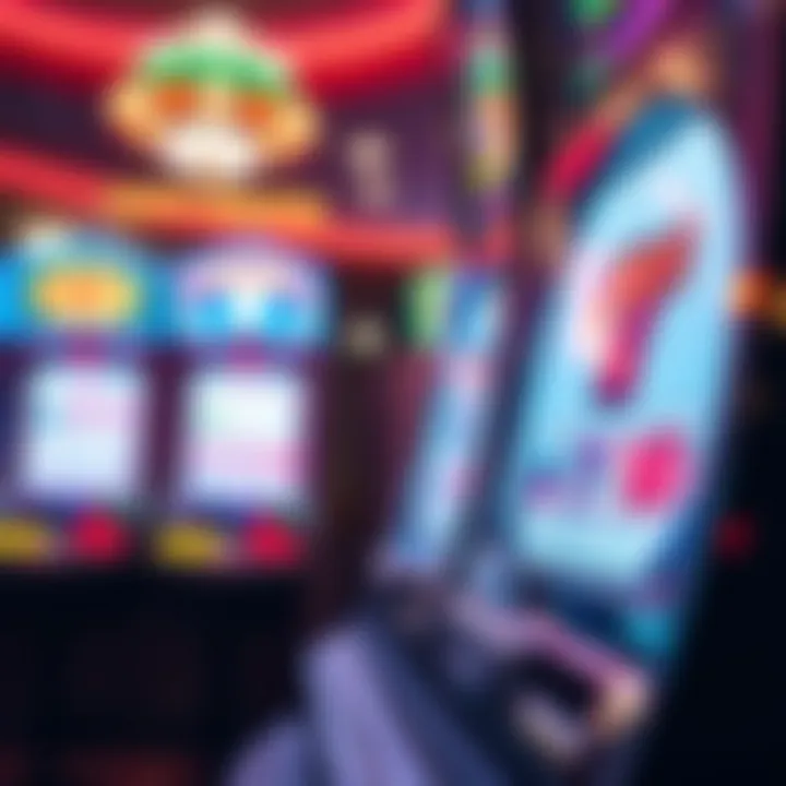 Close-up of a poker slot machine with spinning reels and bright lights