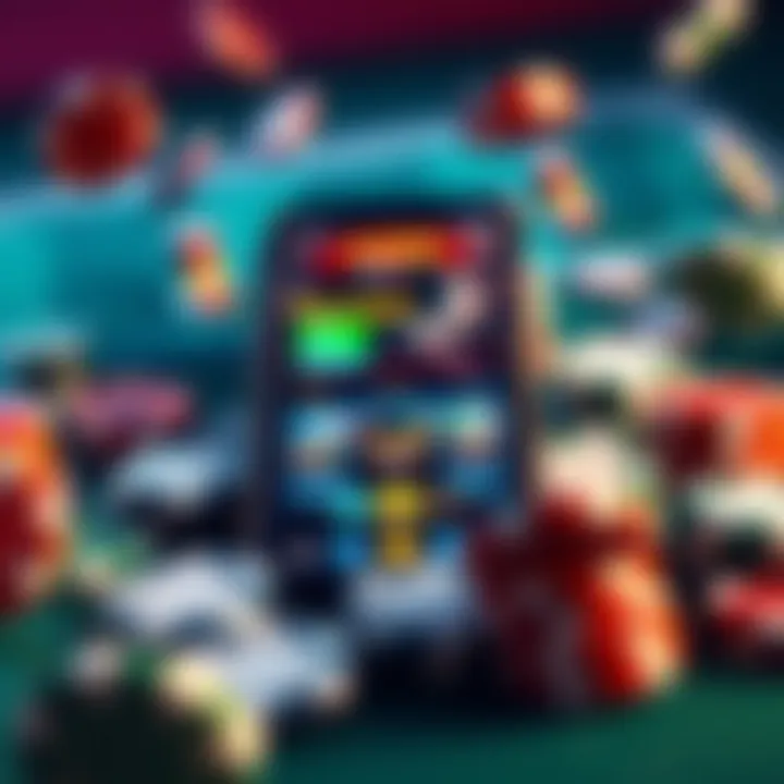 Virtual Casino Chips and Online Casino Interface Illustration showing virtual casino chips surrounding a smartphone displaying an online casino interface