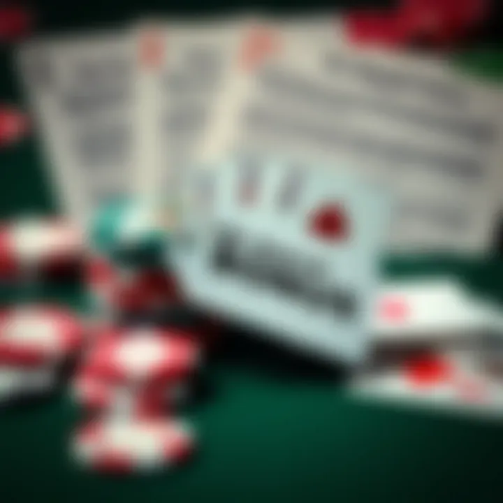 Graphic showing casino chips, playing cards, and a no deposit bonus tag with legal documents in the background