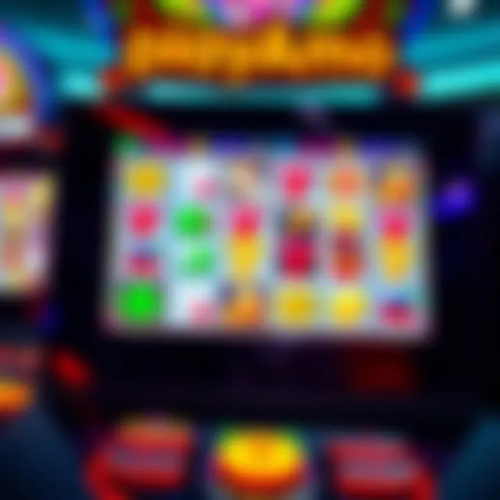 Colorful online casino slot machine interface with vibrant symbols and spin button