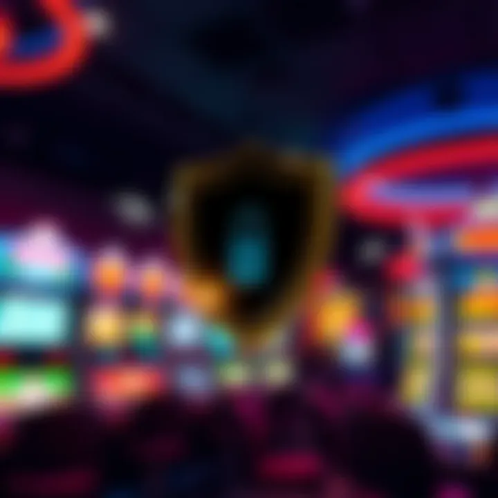 Secure online gaming environment illustration with a shield and digital elements representing safety