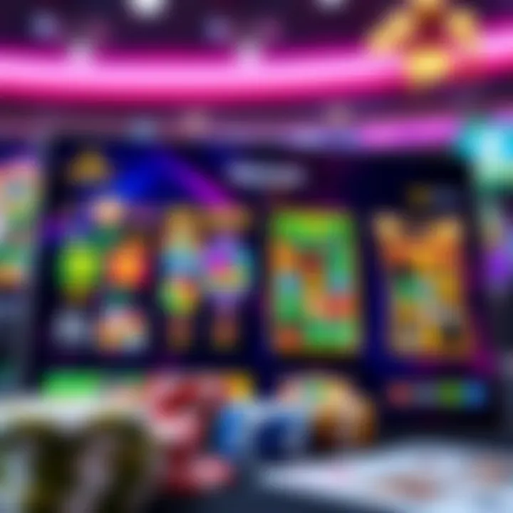 Colorful casino slot games and poker chips on a digital screen representing online gaming variety