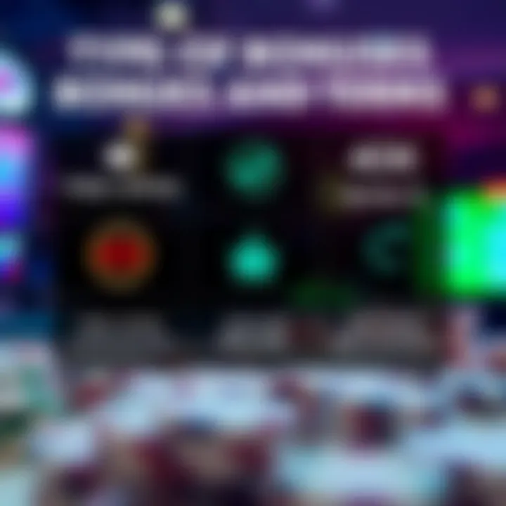 Graphic depicting various types of casino bonuses with icons representing free spins, deposit matches, and wagering requirements