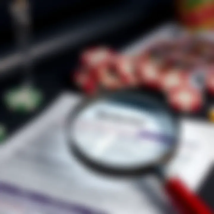 A detailed view of a terms and conditions document with a magnifying glass highlighting wagering requirements