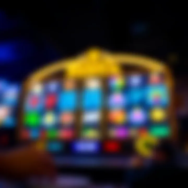 Colorful casino reels with various symbols illuminated against a dark background