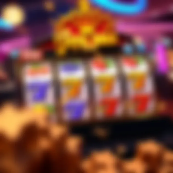 Classic slot game interface with vibrant reels and symbols featuring fruits and lucky sevens