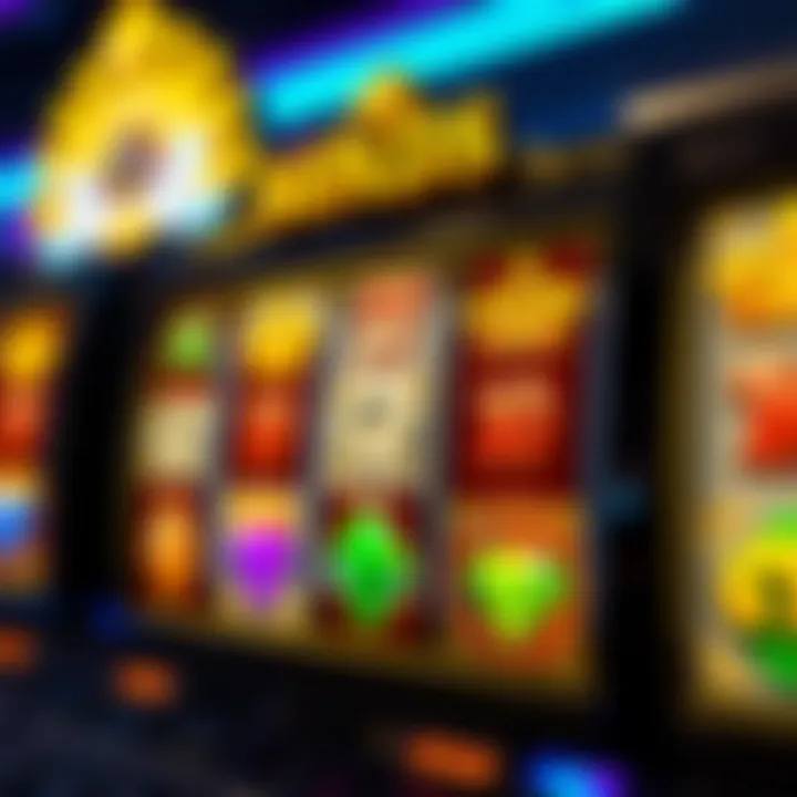 Colorful slot machine reels displaying Royal Reels Down game symbols including crowns and jewels