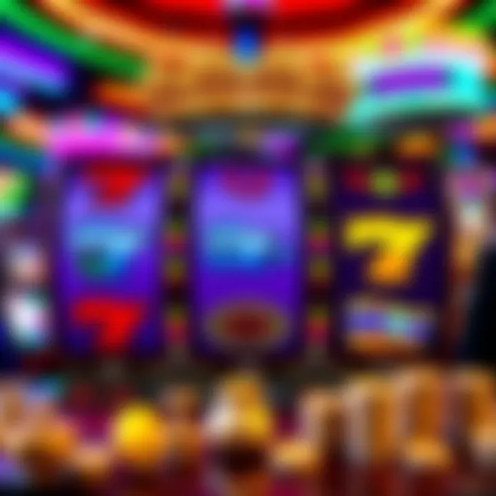 Colorful slot machine reels showing various symbols and winning combinations on a vibrant casino background