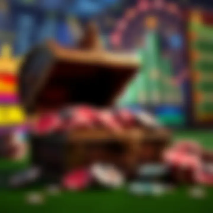 Visual Representation of Royal Reels Free Codes and Bonuses Illustration showing a treasure chest overflowing with casino chips and free codes on a digital background