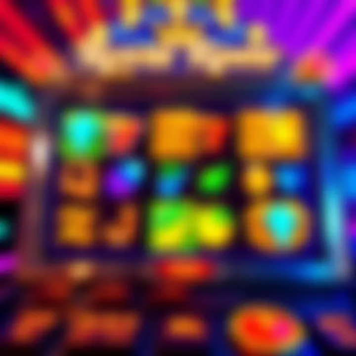 Colorful slot machine reels with various symbols including fruits and gems on a vibrant background