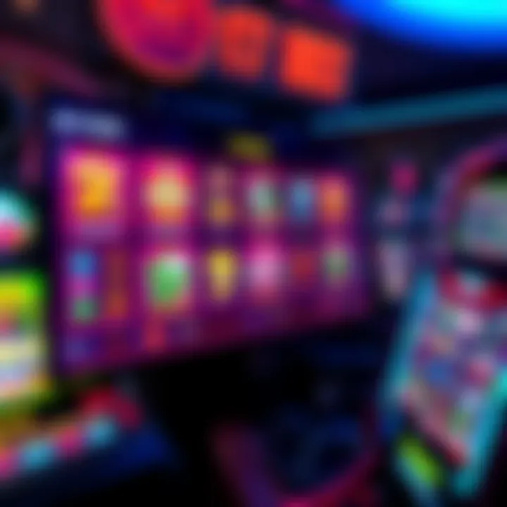 Digital interface displaying various pokies game options with vibrant icons and controls