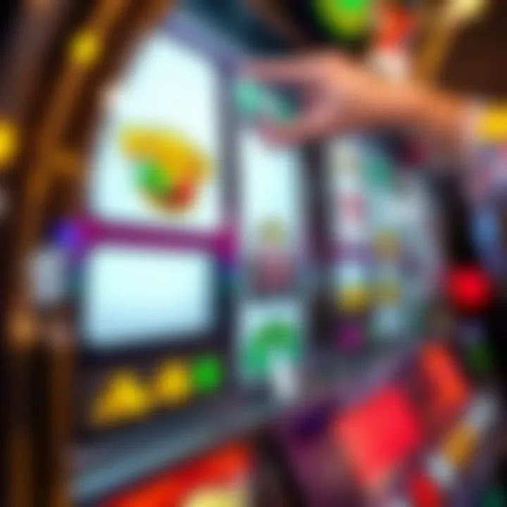 Close-up view of a classic slot machine with vibrant symbols and spinning reels