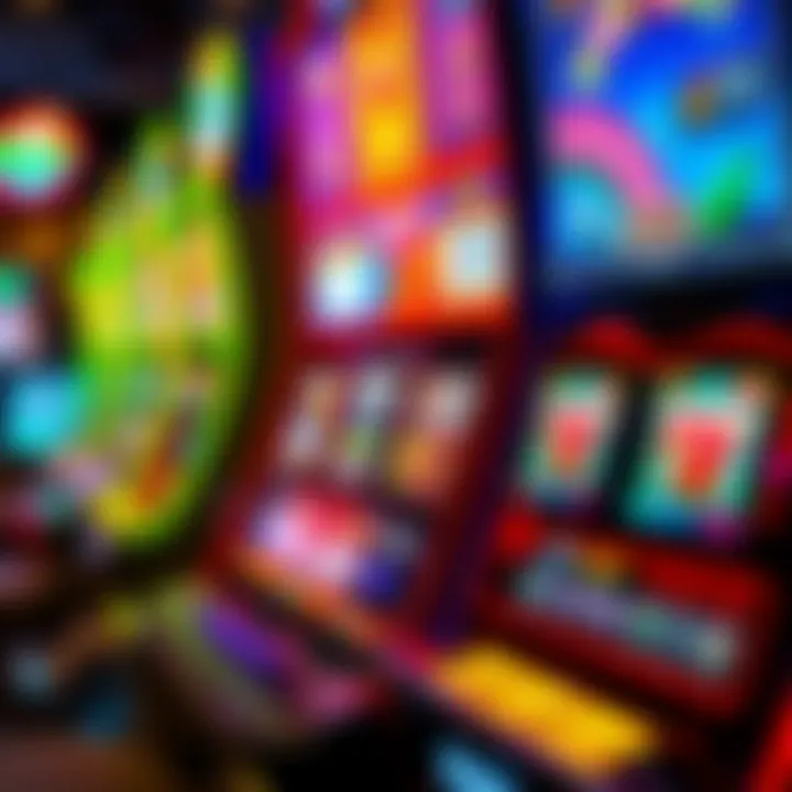 Colorful pokies machine displaying various symbols with illuminated buttons and screen in a casino environment