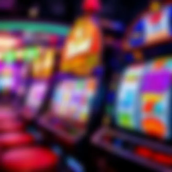 Colorful slot machine reels displaying various classic pokie symbols in a vibrant casino setting