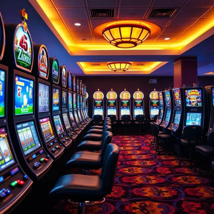 Casino floor with various electronic gaming machines arranged in rows