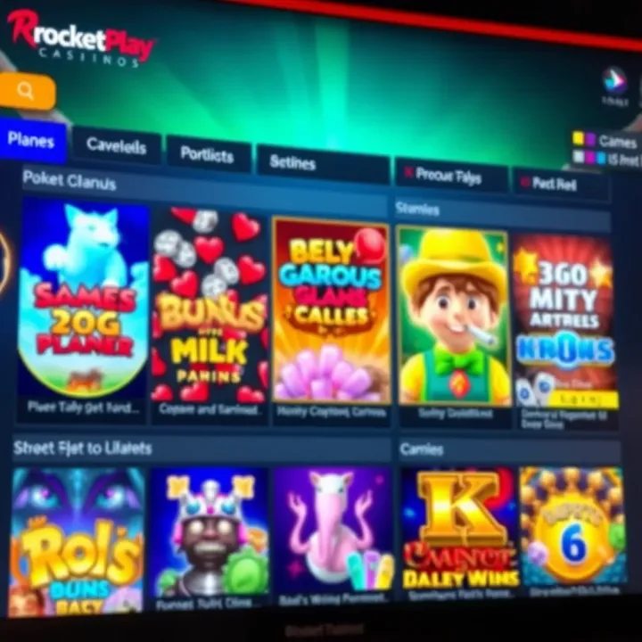 RocketPlay Casino interface showcasing diverse slot and table games on a vibrant digital platform