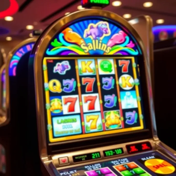 Colorful online slot machine interface with various symbols and spinning reels