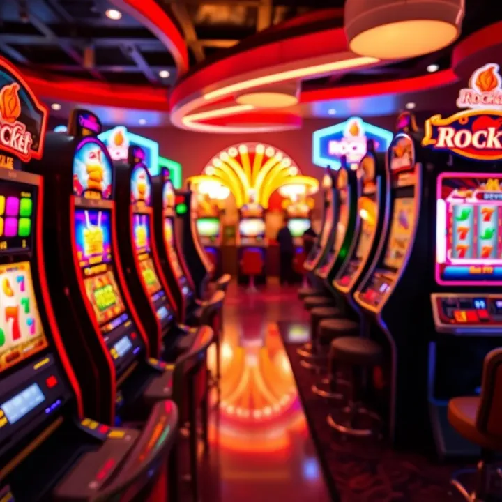 Colorful casino slot machines displaying vibrant symbols and bright lights