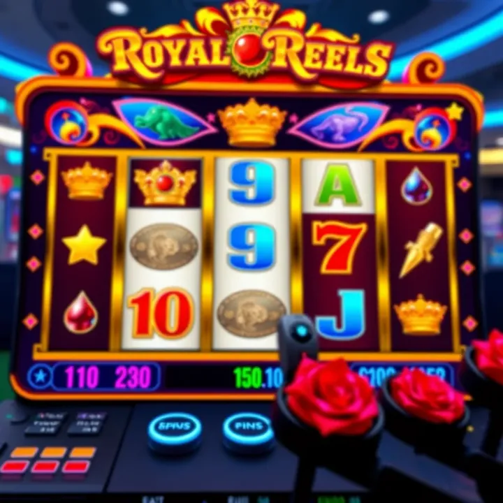 Royal Reels casino game interface displaying vibrant slot reels and various symbols