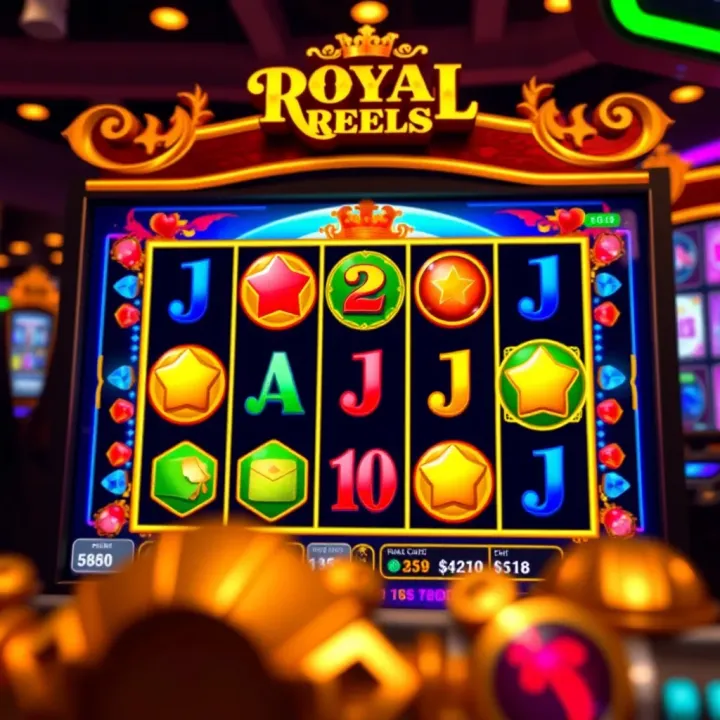 Screenshot of Royal Reels slot game interface showing colorful reels and symbols