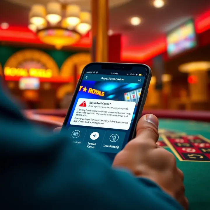 Mobile device showing Royal Reels Casino app with error notification and troubleshooting icons