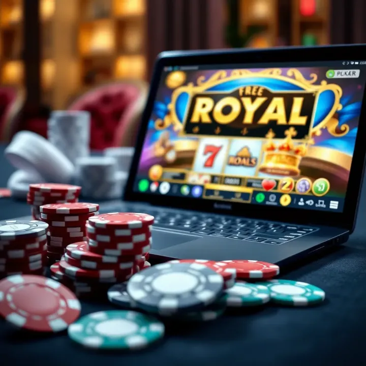 Collection of casino chips and a laptop displaying a free Royal Reels game session in a safe online environment