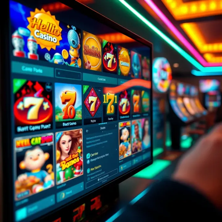 Colorful assortment of casino games including slots and table games displayed on a digital screen