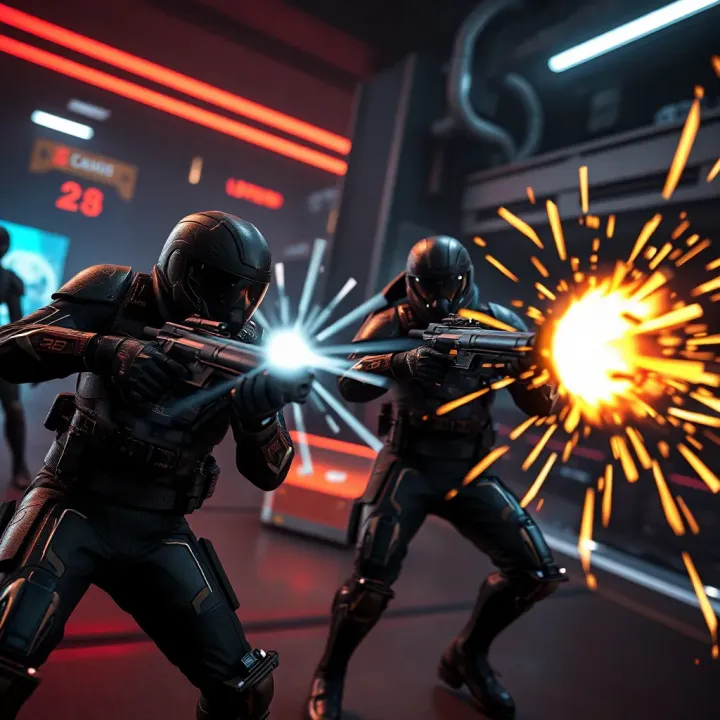 Futuristic combat scene with dynamic energy weapons and dark atmospheric background