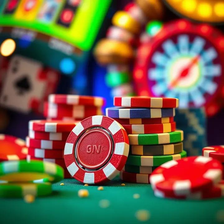 Colorful Casino Chips Symbolizing Bonus Offers Bright casino chips and glowing tokens representing bonus rewards
