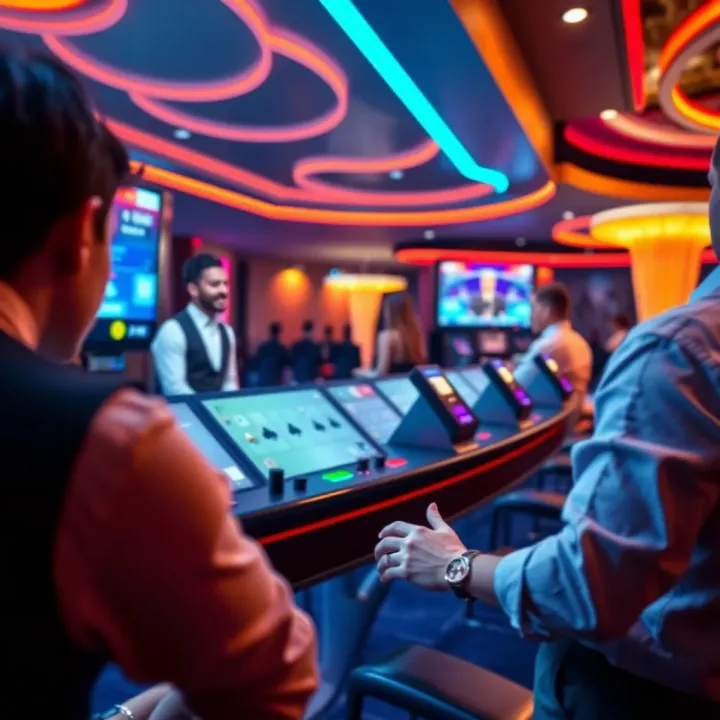 Live dealer engaging with players through a digital interface featuring cards and chips