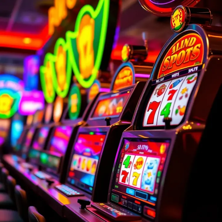 Colorful slot machine reels displaying various symbols under vibrant casino lighting