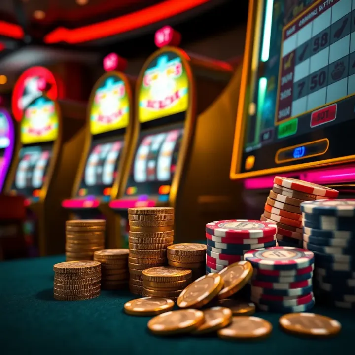 Illustration of budget management with coins and poker chips next to a slot machine