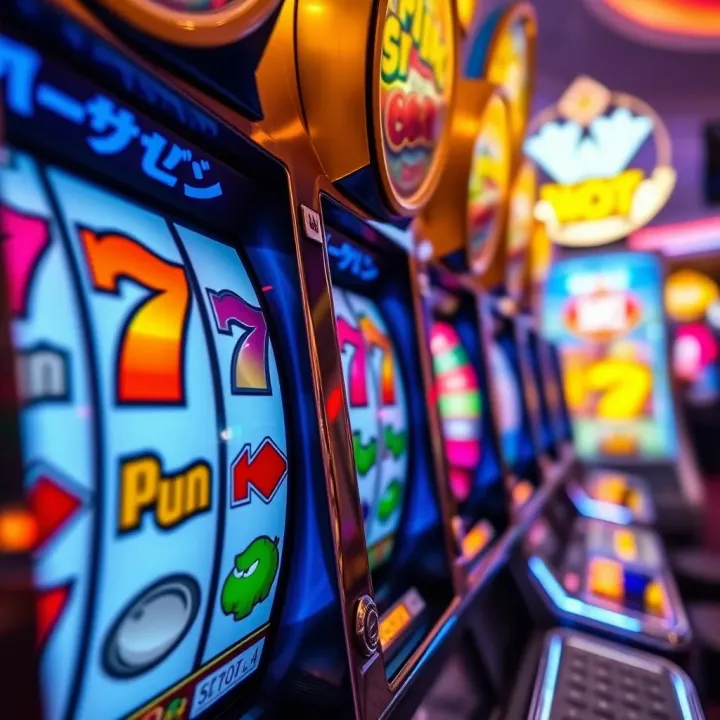 Close-up of a slot machine reels displaying various symbols in a casino environment