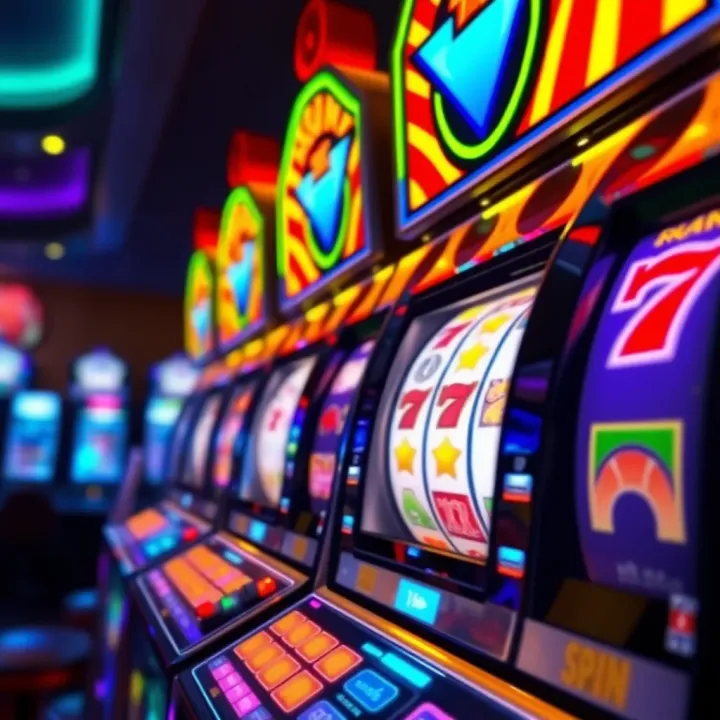 Colourful pokies machine with spinning reels and bright symbols representing chance and excitement
